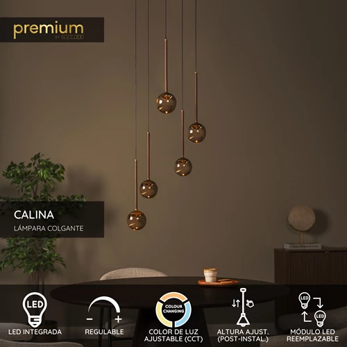 Lucide CALINA - Lámpara colgante - Ø 41,9 cm - LED Regul. - CCT - 5x8,4W 2200K/3300K - Con módulo LED reemplazable - Ámbar - Premium - USP